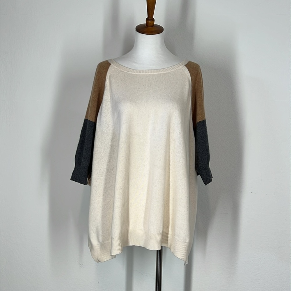 Minnie Rose Cashmere Cream and Brown Knit Color Block Sweater